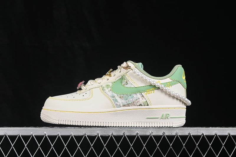 Air Force 1 '07 Low Jade Pearl Canvas Hand-painted Graffiti Green Pearl Scenery Air Force 1 Low-top Casual Skate Shoes