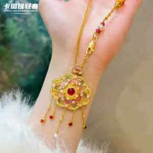 Gold Plated Hulu Gourd Pendant with Enamel Filigree Tassel