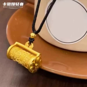 Black Cord Rotating Fu Charm Pendant Necklace, Gold Plated Copper Alloy