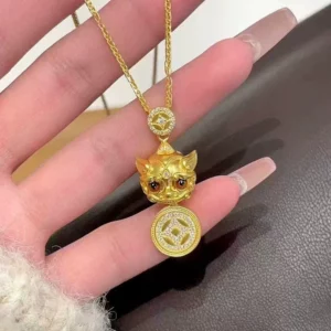 Gold Plated Copper Pixiu Pendant Necklace with Engraved Coin Design