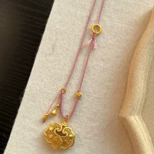 Gold Plated Chinese Blessing Lock Pendant Necklace for Women