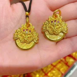 Gold-Tone Lion Motif Pendant Necklace with Rotating Beast Charm