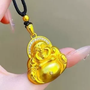 Gold Plated Laughing Buddha Pendant Necklace with Diamond Accents, Unisex Fashion Jewelry
