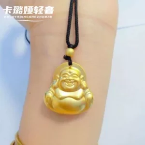 Gold-Tone Laughing Buddha Pendant Necklace, Unisex Adjustable Chain