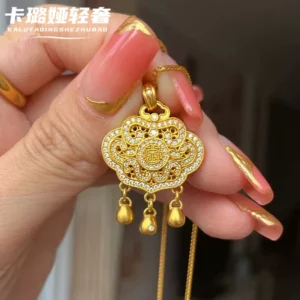 Gold-Tone Open Adjustable Ruyi Lock Pendant Necklace for Women