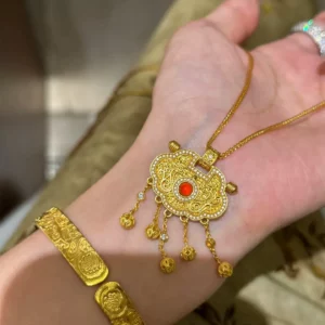 Gold-Tone Dragon & Phoenix Tassel Pendant Necklace for Women