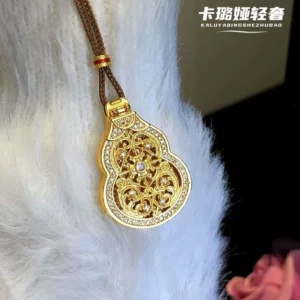 Gold-Tone Alloy Hollow Gourd Pendant with Diamond Accents