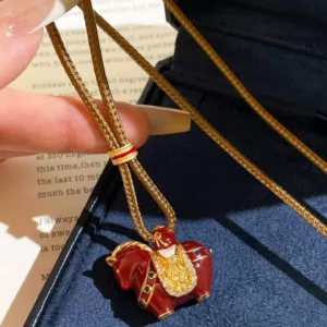 Gold-Tone Enamel Horse Pendant Necklace with Layered Chain
