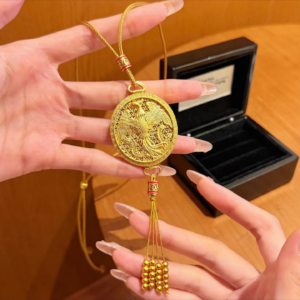 Gold-Tone Phoenix Pendant Necklace with Tassel, Chinese Style Layered Chain