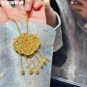 Gold-Tone Alloy Dragon & Phoenix Hollow Pendant Necklace