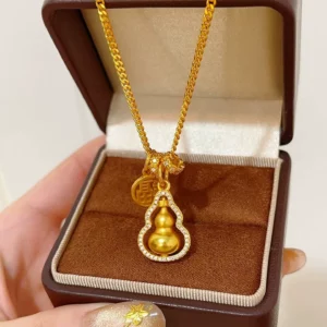 Fortune Gourd Pendant Necklace for Women, Gold Plated