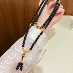 Gold-Tone Black Wood Pendant Necklace for Women, Fashion Layering Jewelry