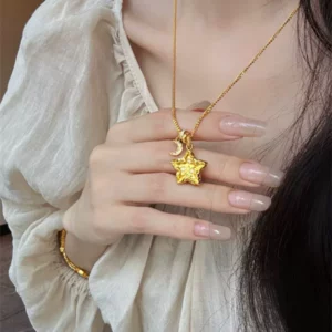 Gold-Tone Hammered Star Pendant Necklace Layering Choker for Women