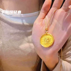 Gold-Tone Copper Alloy Yellow Wealth God Pendant Necklace with Heart Sutra Compass Motif