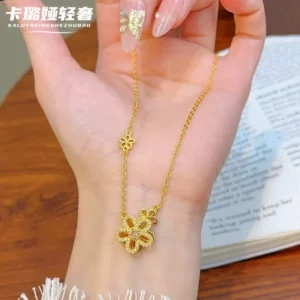 Gold-Tone Plated Five-Petal Flower Pendant Necklace with Diamond-Cut Details, Women's Fashion Jewelry