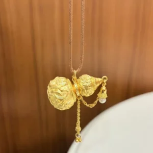 Gold Tone Hulu Gourd Pendant Necklace, Handcrafted Carved Charm, Vintage Fashion Jewelry