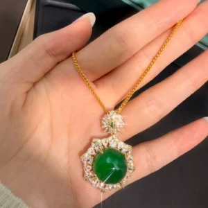 Gold Plated Green Chalcedony Pendant Necklace with Diamond Accents