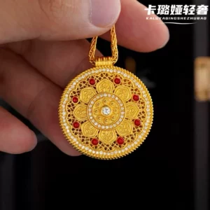 Women's Gold-Tone Alloy Eight Auspicious Symbols Lotus Compass Pendant Necklace