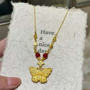 Gold Plated Butterfly Pendant Necklace, New Chinese Style Layered Chain