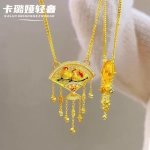 Gold-Tone Floral Fan & Double Happiness Pendant Necklace for Women