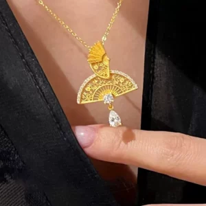 Gold Plated Fan Pendant Necklace for Women, Fashion Jewelry