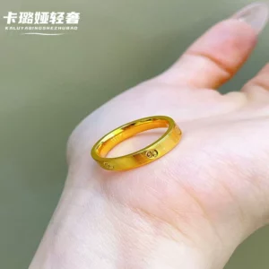 Gold Tone Brushed Ring with Diamond Texture, Minimalist Couple Band