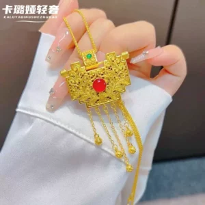 Red Ruby Floral Filigree Square Tassel Lock Pendant Necklace for Women, Gold-Tone Alloy, New Chinese Style