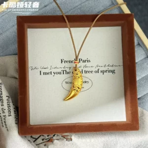 Gold-Tone Alloy Fu Charm Fang Tooth Pendant Necklace with Black Cord