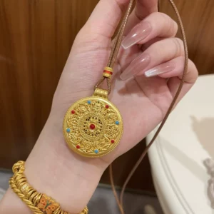 Gold-Tone Alloy Luopan Compass Pendant Necklace, New Chinese Style