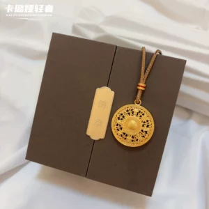 Gold-Tone Chinese Luopan Compass Pendant Necklace with Fu Charm