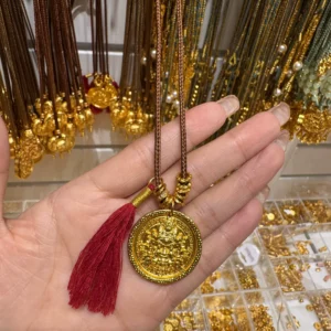 Gold-Tone Alloy Wealth God Pendant Necklace with Red Tassel Braided Chain