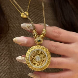 Gold-Tone Compass Luopan Pendant Necklace with Chain