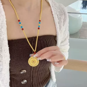 Gold Tone Luopan Compass Pendant Necklace for Women