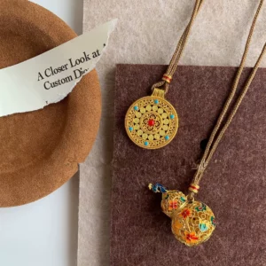 Gold Plated Luopan Compass Pendant Necklace for Women