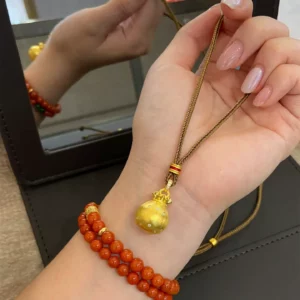 Gold Tone Brushed Fortune God Pendant with Small Blessing Bag Necklace for Women