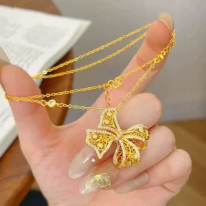 Gold Plated Butterfly Bow Pendant Necklace for Women