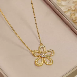 Vintage Gold-Tone Openwork Floral Pendant Necklace with Rhinestones