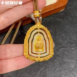 Gold Plated Rotating Three Layer Buddha Pendant Necklace, Chinese Style Engraved Design
