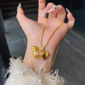Gold Plated Horse Pendant Necklace Wealth Charm Layered Collarbone Chain