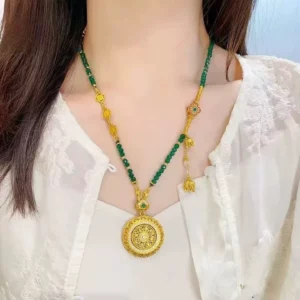 Green Chalcedony Luopan Compass Pendant Gold Plated Necklace