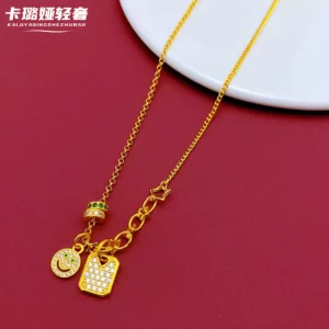 Gold Plated Smiley Face Square Pendant Necklace for Women