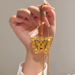 Gold-Tone Enamel Butterfly Pendant Necklace for Women, Vintage Fashion Jewelry