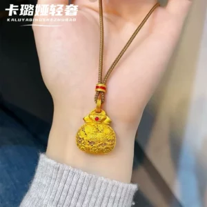 Gold-Tone Floral Filigree Fortune Pouch Pendant Necklace for Women