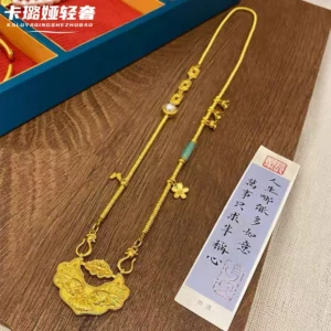 Gold-Tone Chinese Koi Ruyi Lock Pendant Necklace for Women