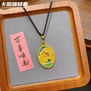 Gold-Tone Enamel Hollow Koi Cloud Gourd Pendant Necklace, Chinese Style Charm