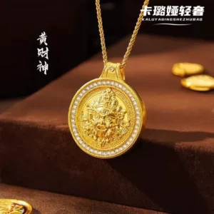 Gold Plated Copper Alloy Hollow Carved Wealth God Pendant Necklace for Women