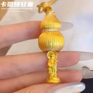 Gold Plated Copper Alloy Hulu Gourd Pendant Necklace with Blessing Charm