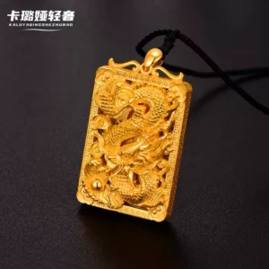 Men's Dragon Pendant Necklace Gold-Tone Square Design