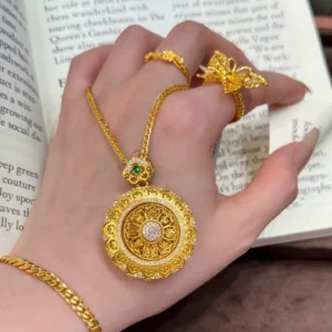 Gold-Tone Alloy Rotating Luopan Compass Pendant Necklace for Women