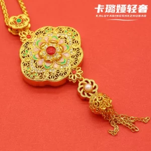 Gold-Tone Floral Tassel Pendant Necklace with Blessing Charm